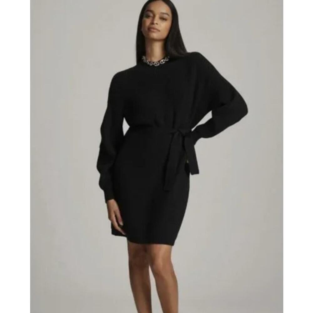 Anthropologie Maeve black knit long sleeve mock neck tie waist sweater dress XL